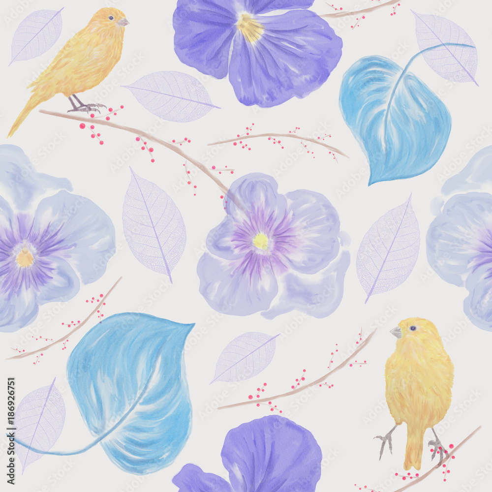 Obraz premium seamless pattern with flowers and birds