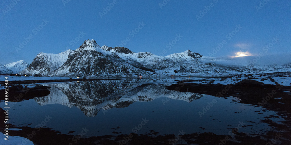 Reflection of mountain in sea, Lofoten, Nordland, Norway