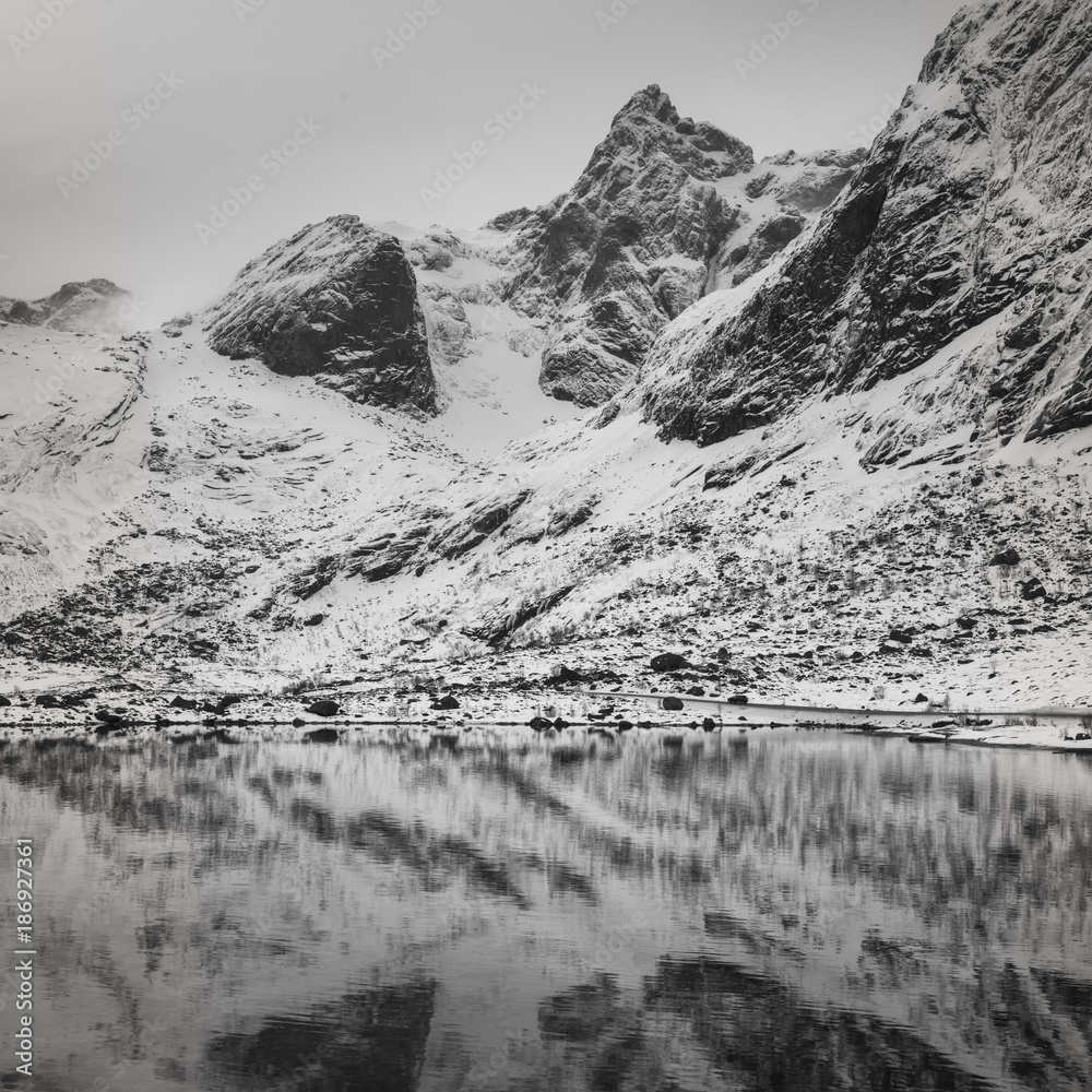 Reflection of mountain in water, Lofoten, Nordland, Norway