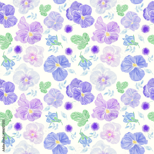 Seamless floral pattern with blue  viola flowers