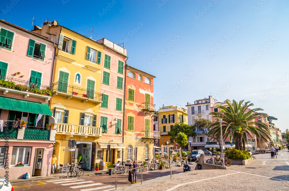 Naklejka premium Narrow streets and traditional buildings of Celle Ligure, Liguria, Italy