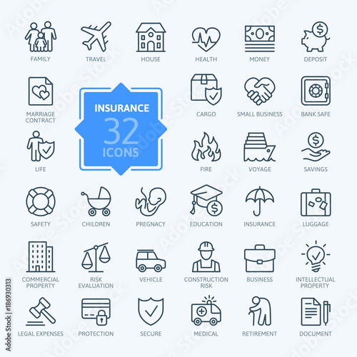 Insurance - outline icon set, vector, simple thin line icons collection