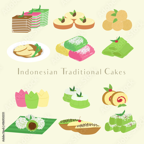 Indonesian traditional cakes cartoon vector set.