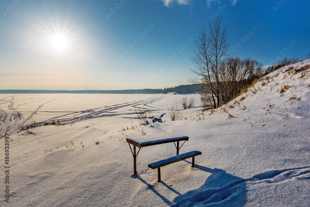 Winter landscape on the river. Berdsk, Siberia, Russia