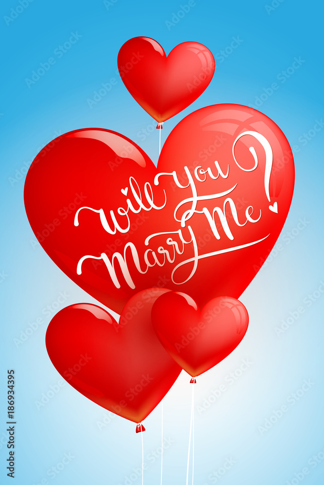Will You Marry Me Calligraphy on Heart Balloon iSolated Blue Background.