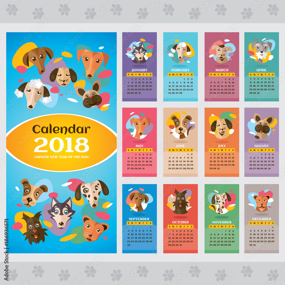 2018 year calendar with stylized dogs