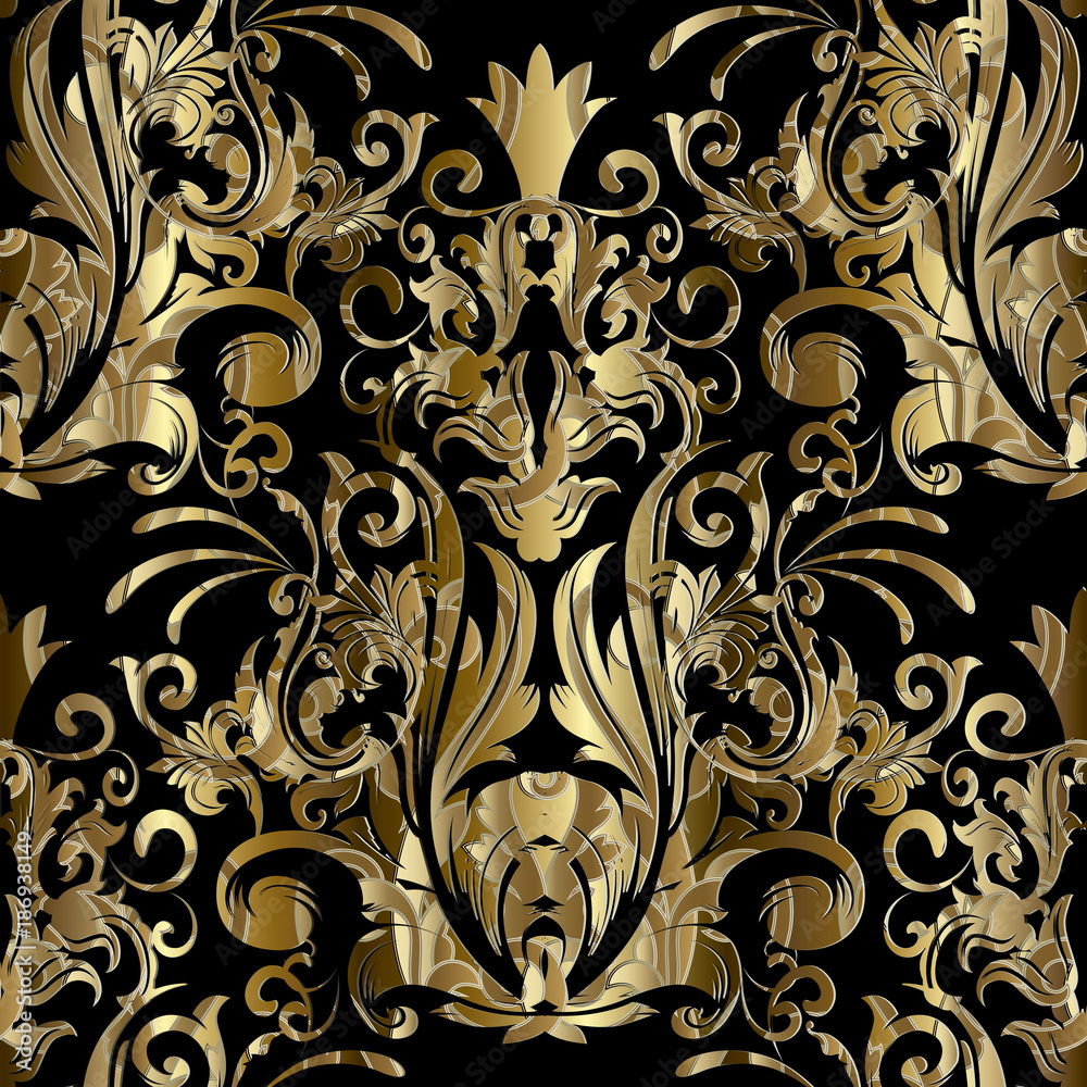 Gold damask vector seamless pattern. Vector floral black background ...