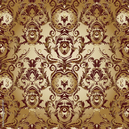 Baroque floral vector seamless pattern. Antique damask background wallpaper with vintage flowers, scroll leaves, swirls, line art tracery baroque ornaments. Golden ornate design for fabric, textile