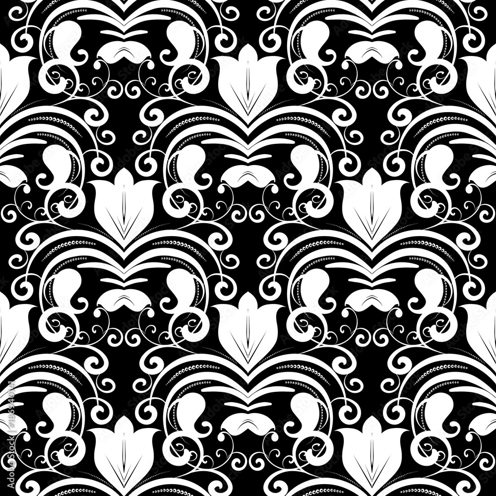 Damask seamless pattern. Vector black and white floral background with tulip flowers, swirls, dots, curve lines, vintage paisley ornaments. Isolated design for wallpapers, fabric, prints
