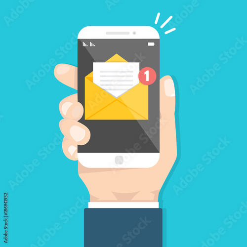 Get email concept. Hand holding smartphone with notification. Vector illustration.