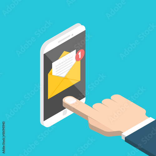 Get email concept. Isometric Hand and smartphone with notification. Vector illustration.