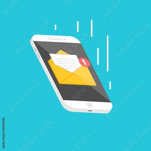 Falling Isometric smartphone  with email notification. Vector illustration.