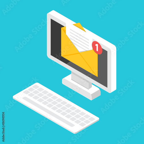 Get email concept.  Isometric Desktop with notification. Vector illustration.