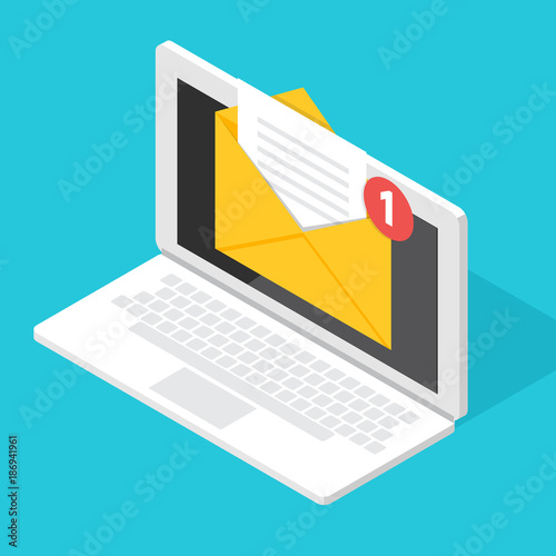 Get email concept.  Isometric Laptop with notification. Vector illustration.