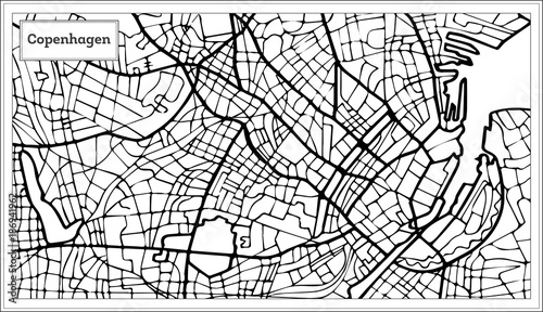 Canvas Print Copenhagen Map in Black and White Color.