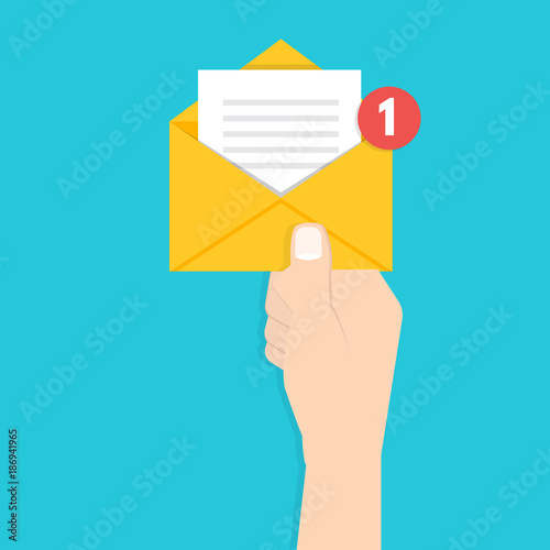 Get email concept.  Hand holding envelope with notification. Vector illustration.