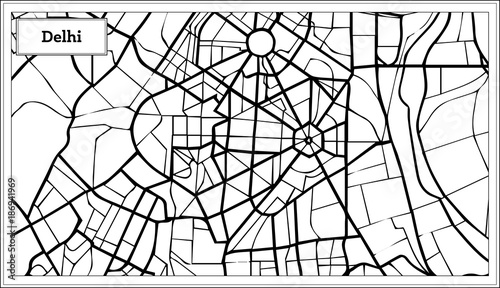 Delhi India City Map in Black and White Color.