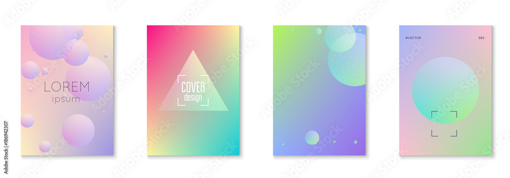 Cover fluid set with round shapes. Gradient circles on holographic background. Modern hipster template for placards, banners, flyers, report, brochure. Minimal cover fluid in vibrant neon colors.