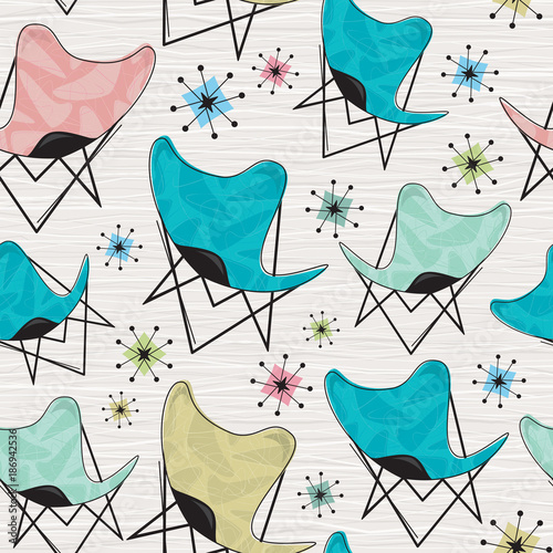 Retro Seamless Butterfly Chair Pattern with boomerangs and atomic stars