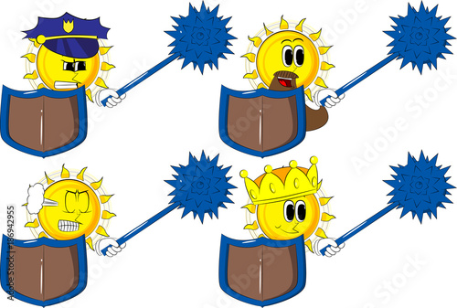 Cartoon knight sun holding a spiked mace and shield. Collection with costume. Expressions vector set.