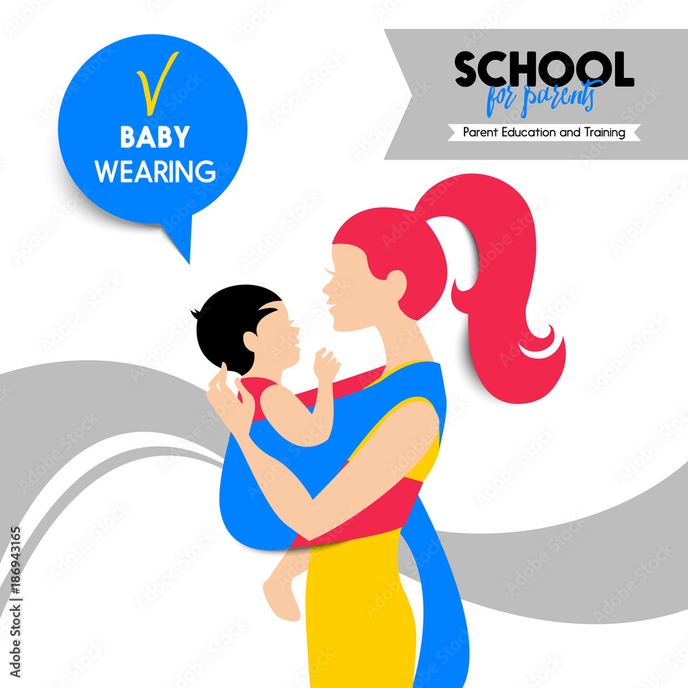 Beautiful woman and child silhouette. Mother and baby wearing. Seminar and training concept. School for parents poster. Vector illustration. Material design Beautiful woman and child silhouette. Mother and baby wearing. Seminar and training concept. School for parents poster. Vector illustration. Material design