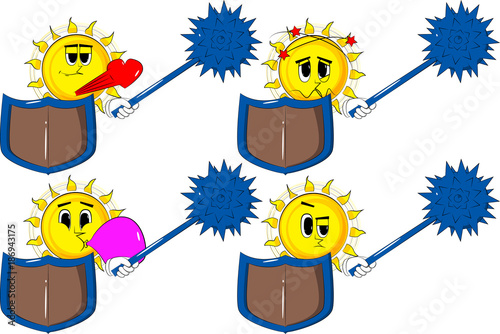 Cartoon knight sun holding a spiked mace and shield. Collection with various facial expressions. Vector set.