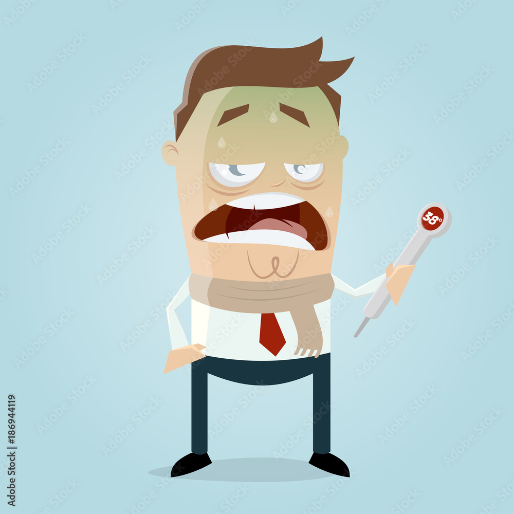 sick cartoon man with fever thermometer sick cartoon man with fever thermometer