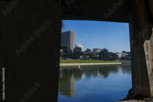 view of the artificial lake of the Eur district in Rome