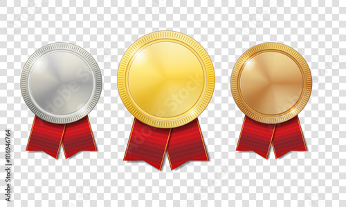 Gold, silver and bronze shiny medals with red ribbons isolated on transparent background. Champion Award Medals sport prize. Vector illustration