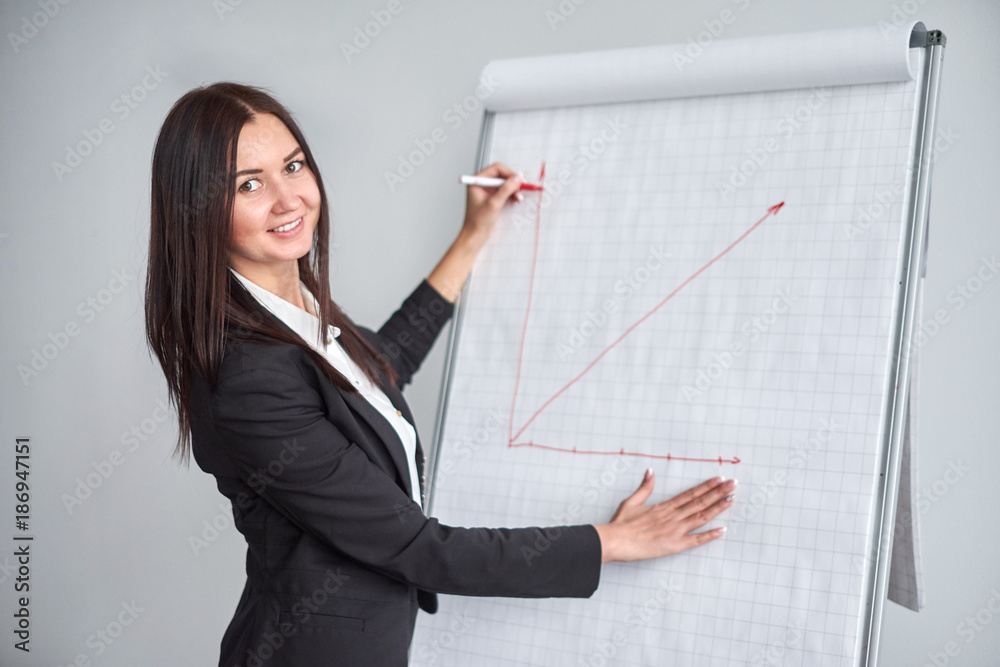 business woman with graph in office, pointing at the diagram business woman with graph in office, pointing at the diagram