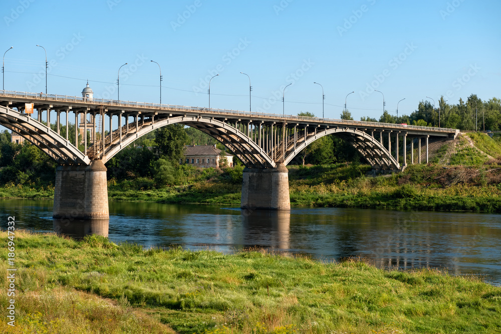 The view at the bridge across the Volga river in the town of Staritsa, Russia