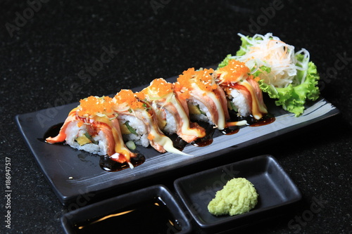 Salmon Sushi Roll Neatly SlicedSalmon Sushi Roll Neatly Sliced