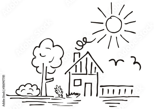 House and garden, hand drawing, vector illustratio, landscape