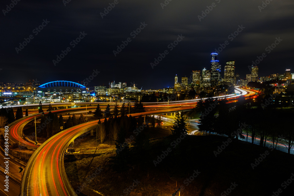 Light trails in and out of Seattle during the evening commute hour