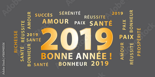 Bonne année 2019 ! Bannière de vœux gris et or.