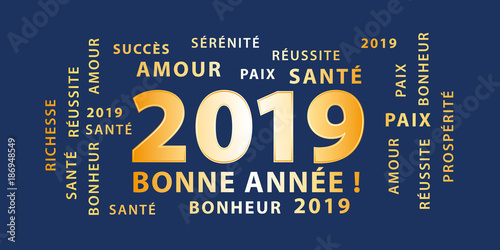 Bonne année 2019 ! Bannière de vœux bleu marine et or.