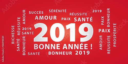 Bonne année 2019 ! Bannière de vœux rouge et argent.