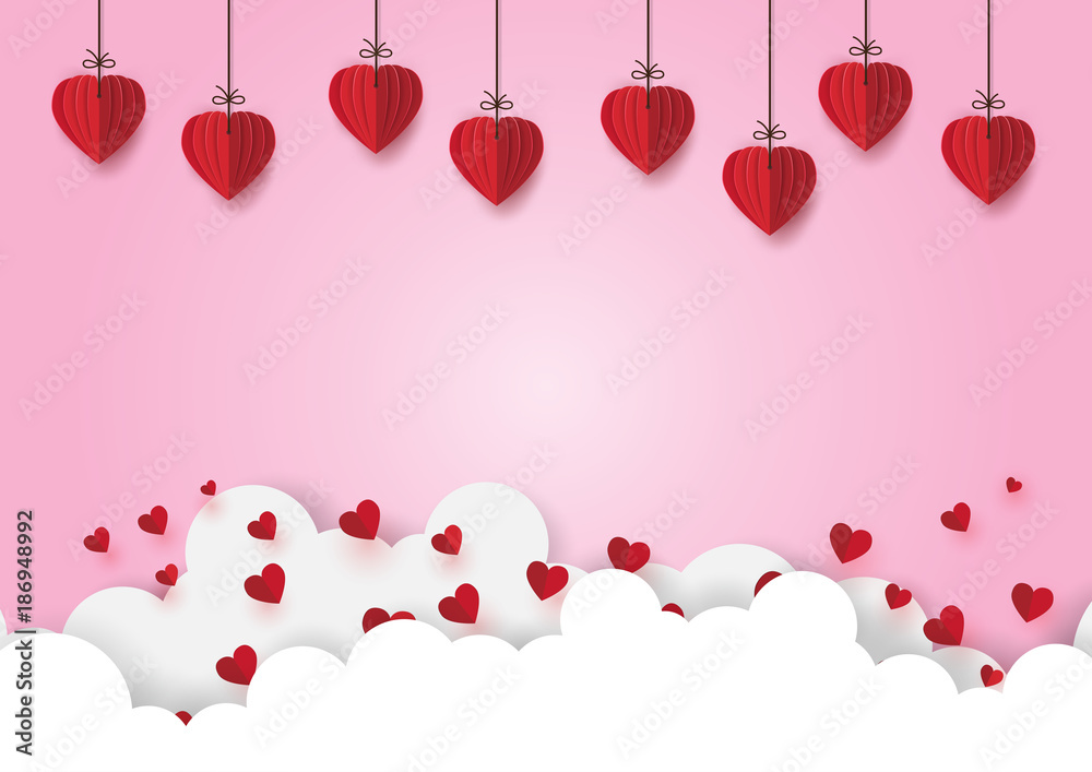 Valentine's day greeting card and love concept of paper art style.Origami hearts and cloud on pink background.Vector illustration.