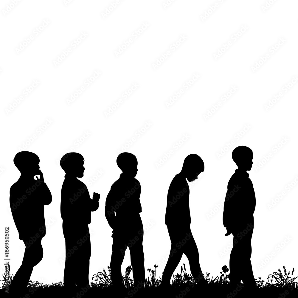 vector, isolated silhouette of children boys, collection