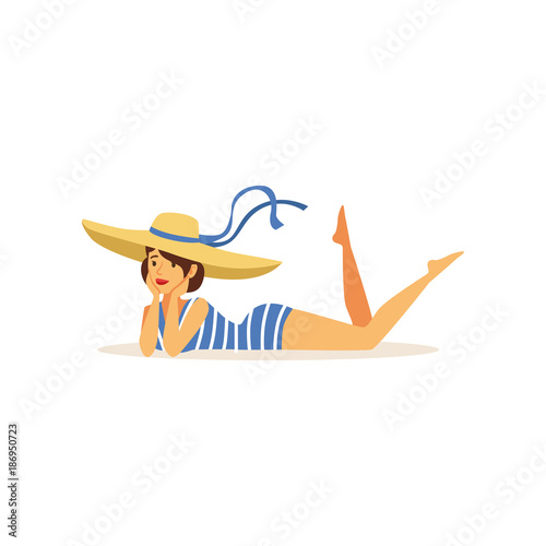 Beautiful young woman in swimsuit and straw hat lying on her stomach, girl dressed in retro style vector Illustration