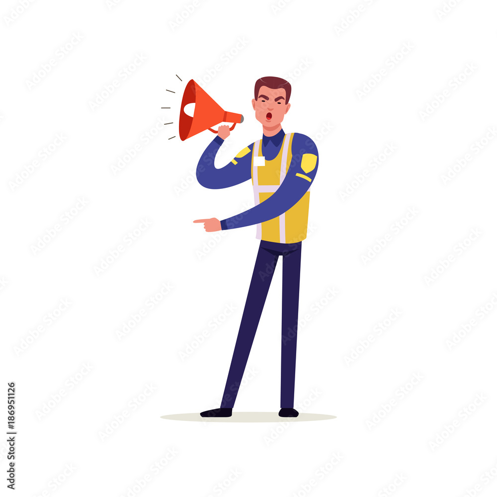 Officer of traffic police in uniform with high visibility vest using megaphone, policeman character at work vector Illustration Officer of traffic police in uniform with high visibility vest using megaphone, policeman character at work vector Illustration