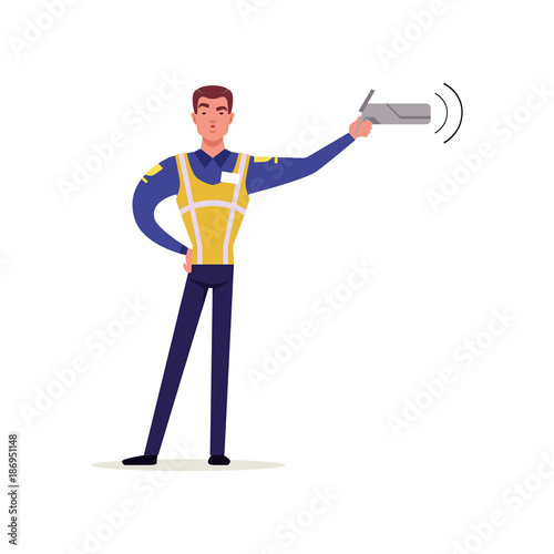 Officer of traffic police in uniform with high visibility vest pointing his radar gun at speeding traffic, policeman character at work vector Illustration