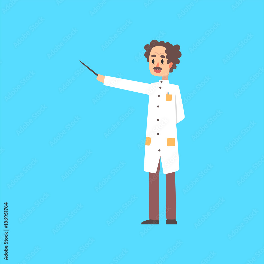 Scientist, doctor, engineer or astrophysicist cartoon character in white coat with pointer, man of science vector Illustration Scientist, doctor, engineer or astrophysicist cartoon character in white coat with pointer, man of science vector Illustration