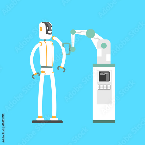 Mechanical arm and robot, robotic arm working in a lab cartoon vector illustration