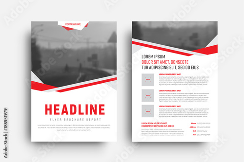 Template of a white flyer with red and gray abstract lines and a place for a photo