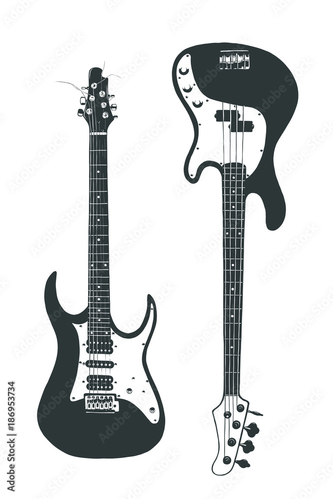 Fototapeta premium Electric and bass guitar on white background. Vector isolated illustration. 