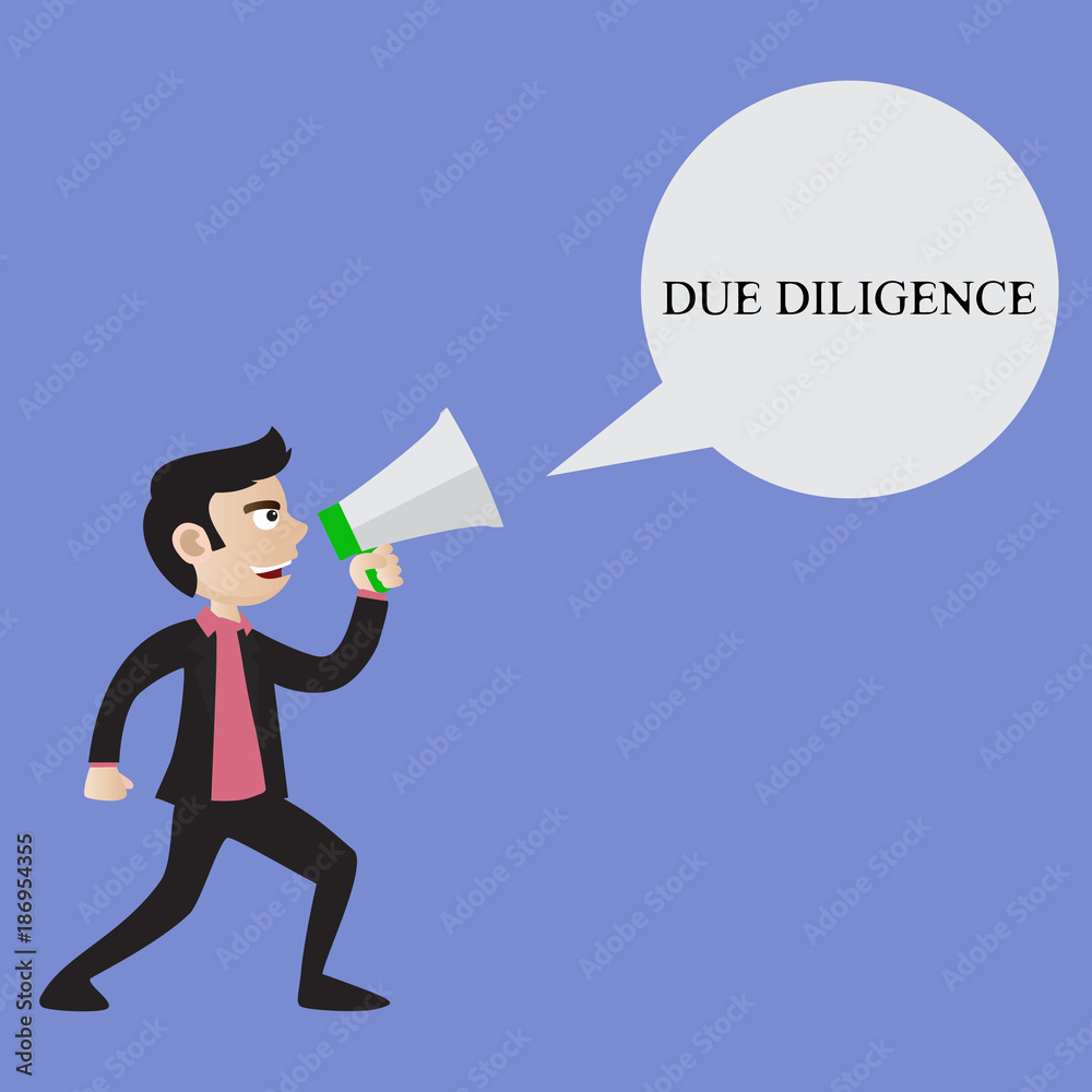 A young businessman screams into the loudspeaker. Business illustration with the inscription:due diligence A young businessman screams into the loudspeaker. Business illustration with the inscription:due diligence