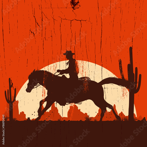 Silhouette of cowboy on running horse on a wooden sign, vector