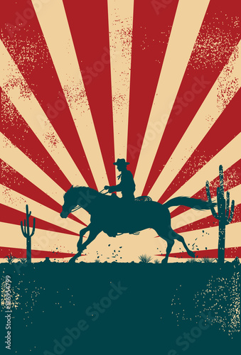 Silhouette of a cowboy riding horse at sunrise, vector