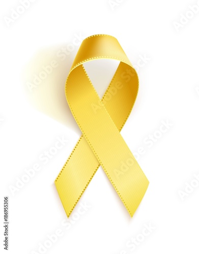 Childhood Cancer Awareness Ribbon. Realistic yellow ribbon, childhood cancer awareness symbol, isolated on white. Vector illustration